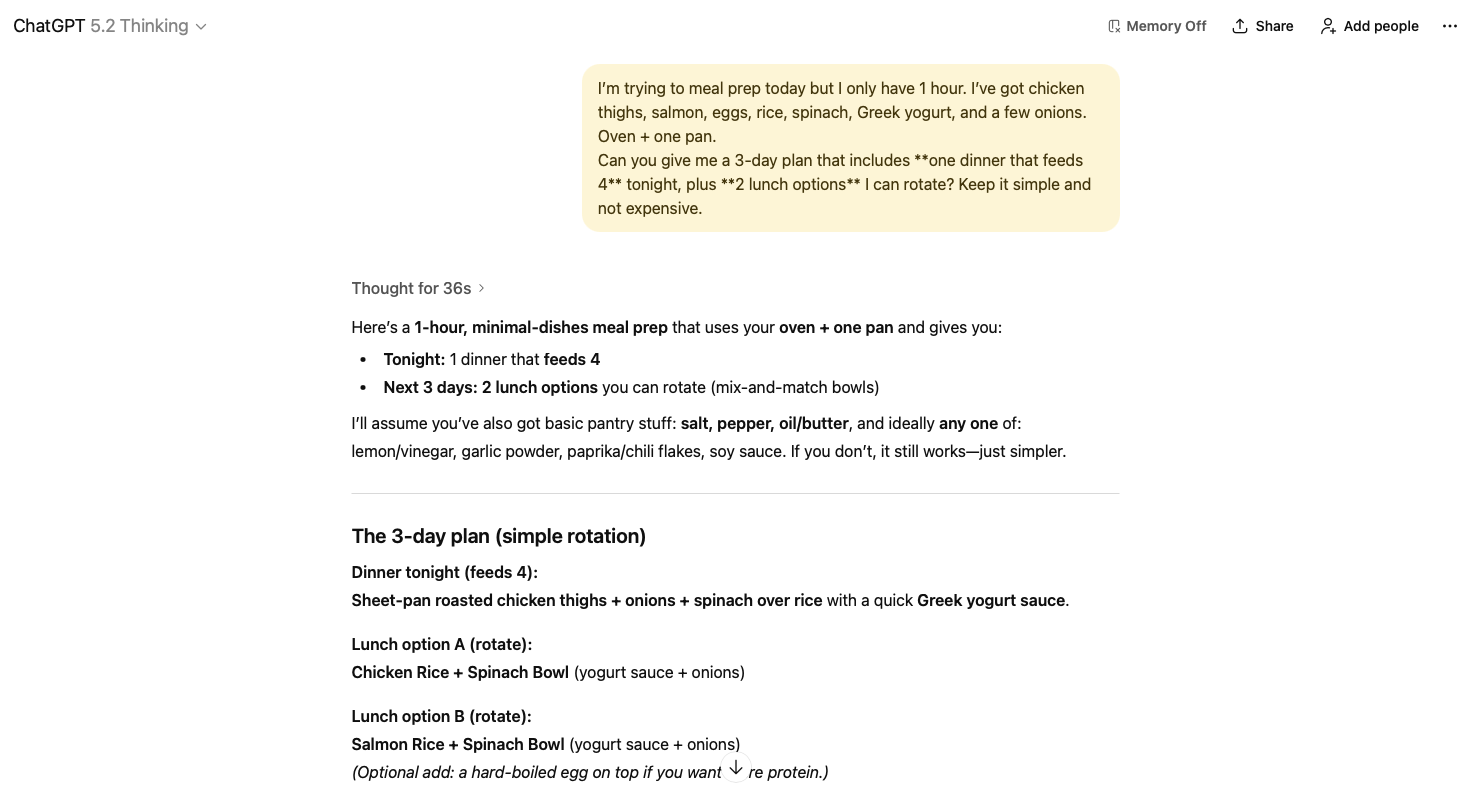 ChatGPT conversation asking for a 3-day meal prep plan with the AI's initial response showing dinner and lunch options