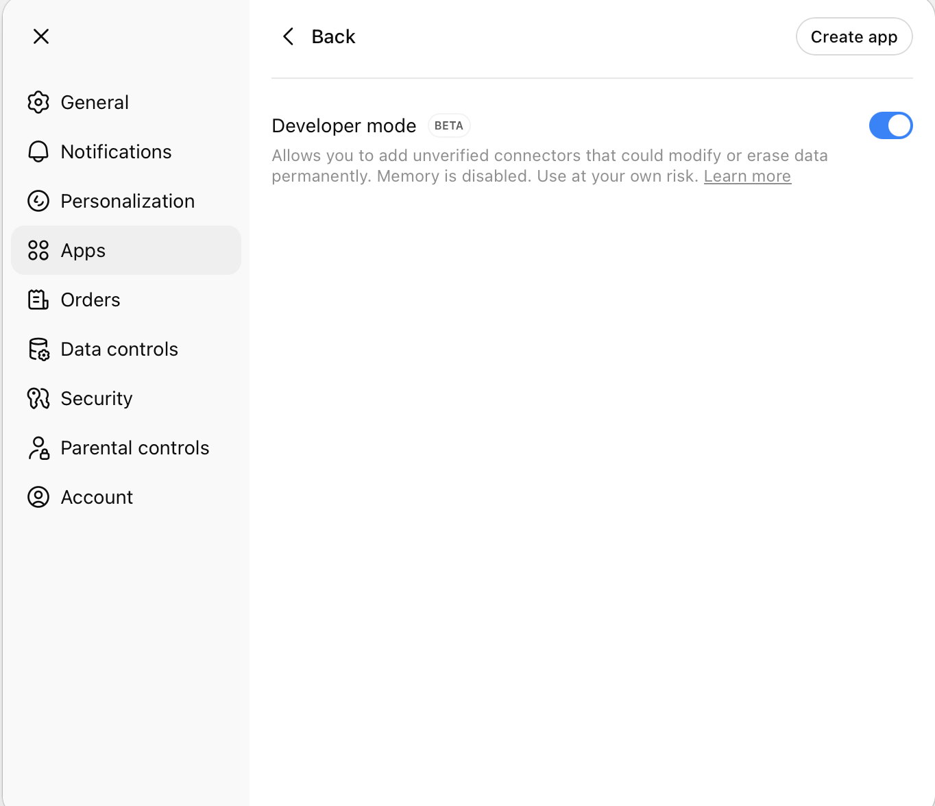 ChatGPT Apps settings with Developer mode toggle